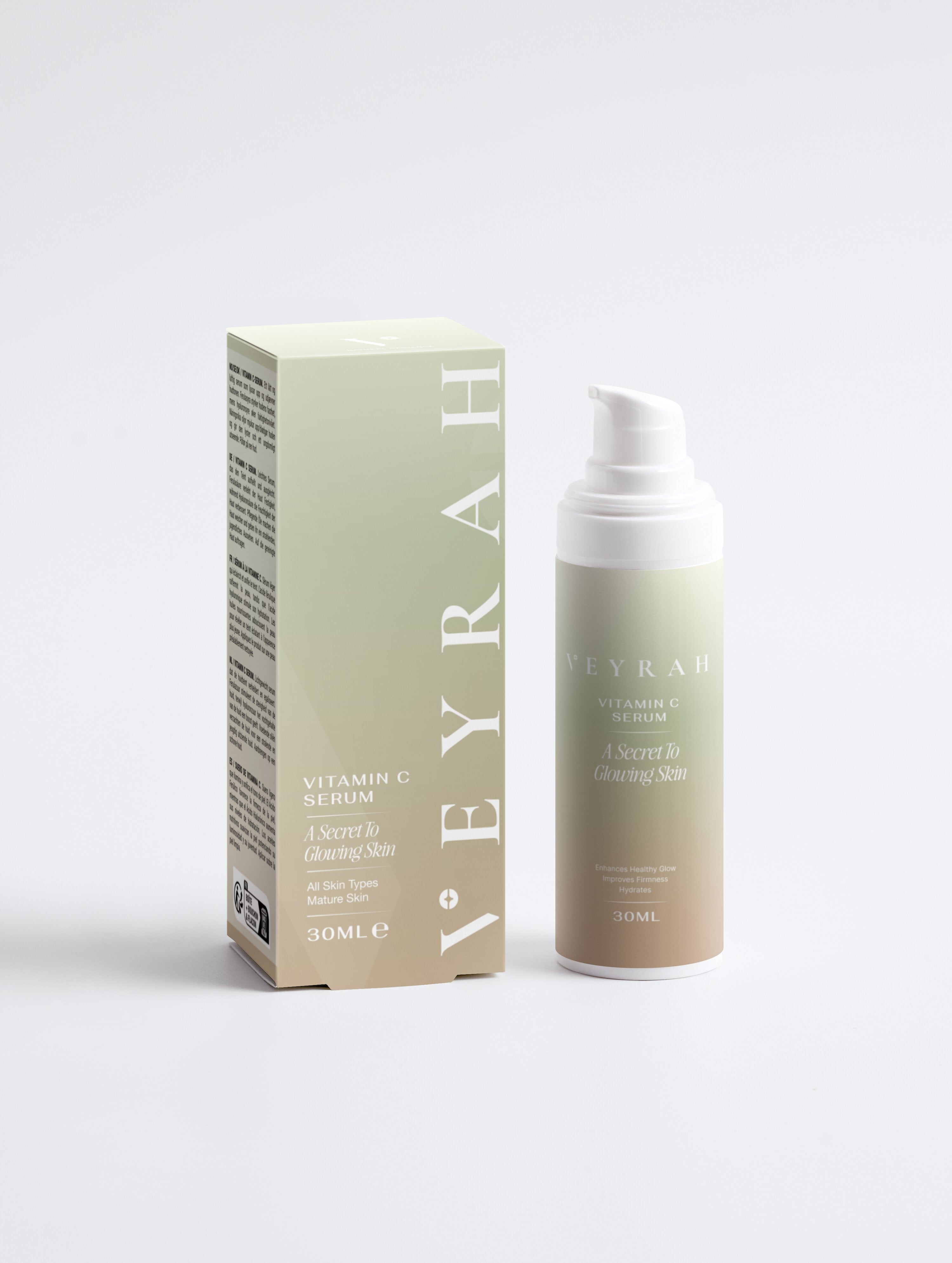 VEYRAH Vitamin C Serum pump bottle with sage green gradient packaging box